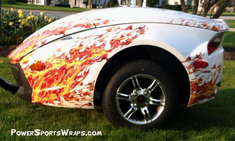 Side photo of RT622 trailer with our Flames applied.  PowerSportsWraps.com